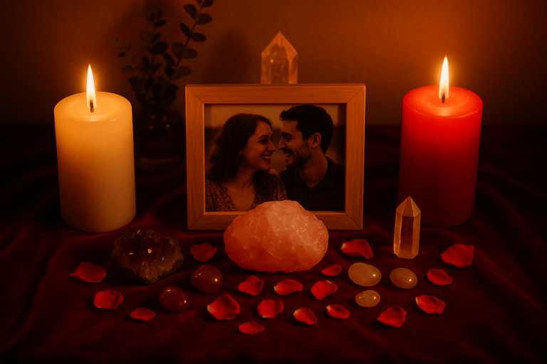un autel d'amour avec bougies rouge et blanche, cristaux rose